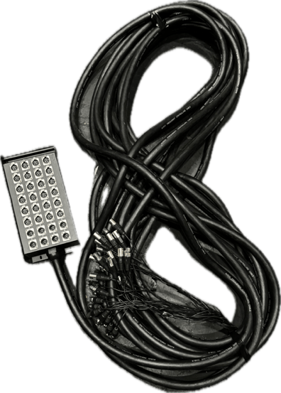 A black box with 32 sockets, connected to a very long cable coiled neatly in a figure-eight formation, with 32 plugs on the end.