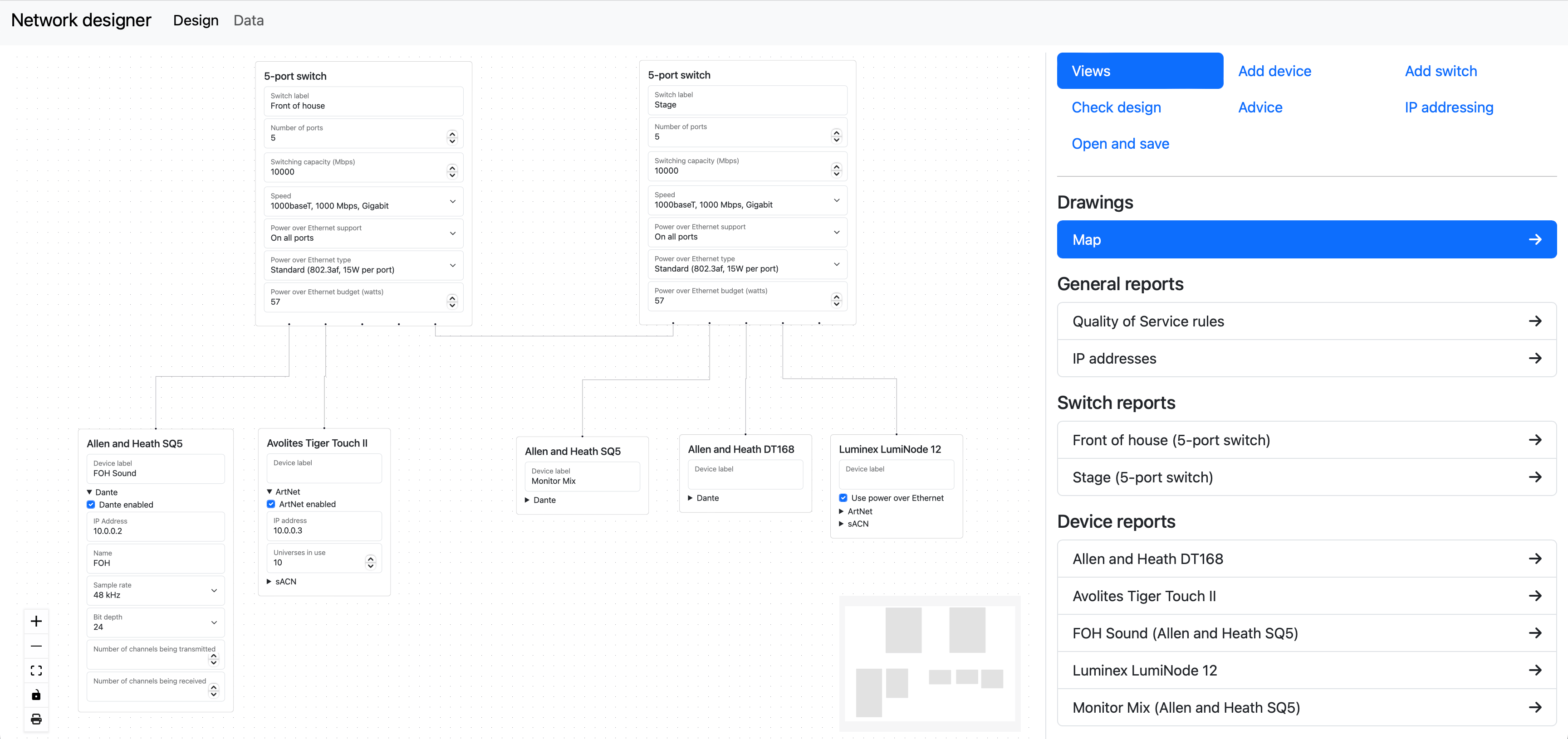 The tool has main application navigation options at the top. On the left of the screen is a diagram of various devices and switches connected to each other, with various settings for each and view controls for the whole drawing. On the right, there is a selection of tool panes to choose from at the top including to select different views, add things to the design, or verify the design. The “Views” toolpane is currently selected, so under these options are a list of ways to display the data including a map, reports for different switches and devices, and reports for IP addresses and quality of service rules.