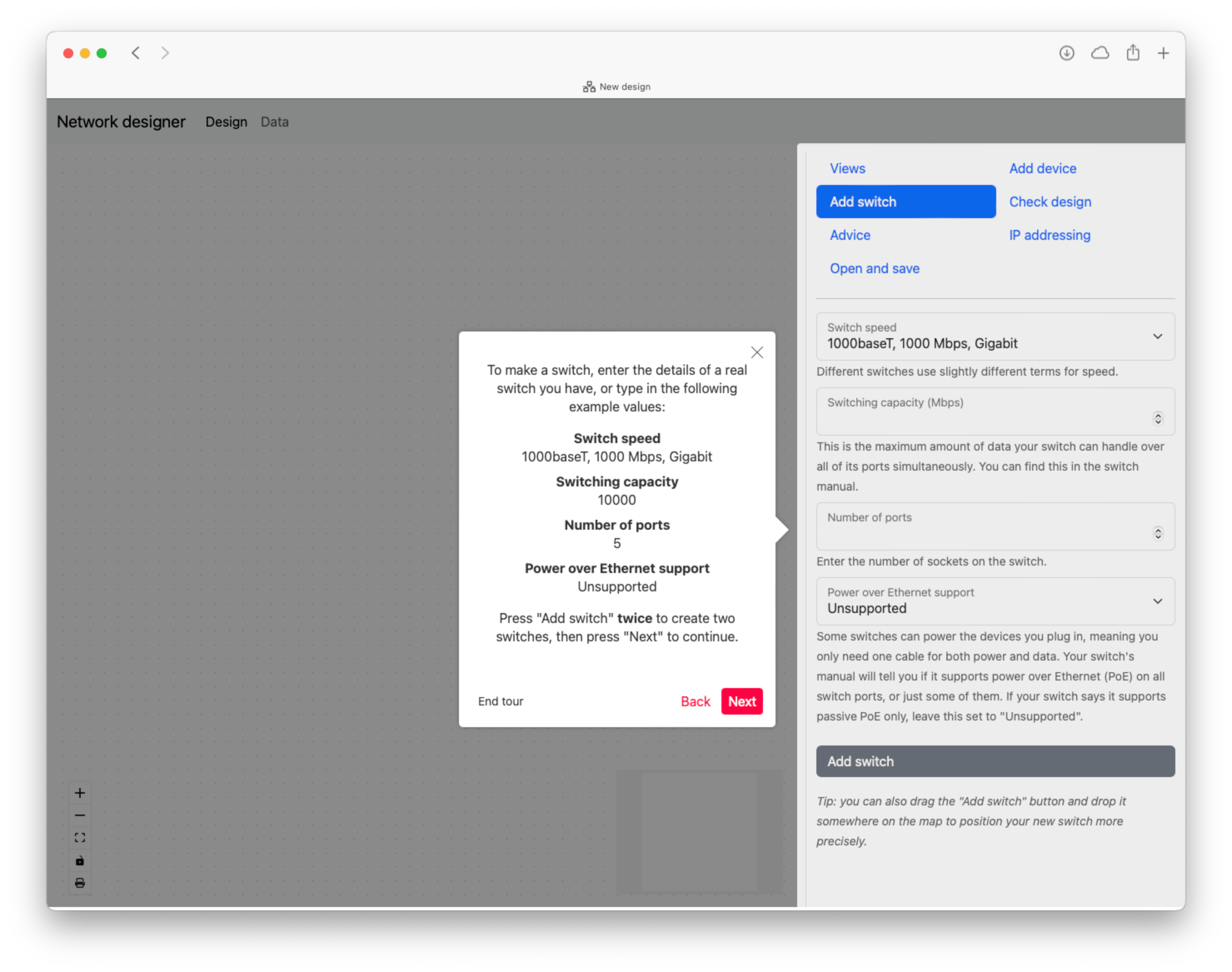 The Add Switch tool pane is open and being highlighted with a tooltip, asking the user to create two switches to their own specification or with some provided example values.